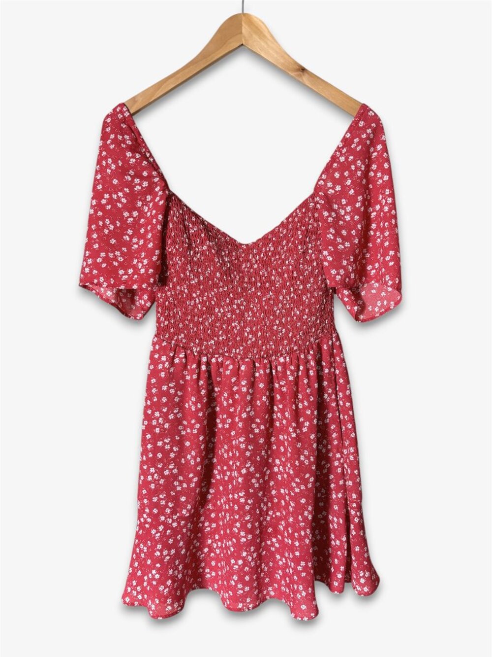 Abercrombie Flutter Sleeve Smocked Mini Dress Red Ditsy Floral Womens Small Y2K
